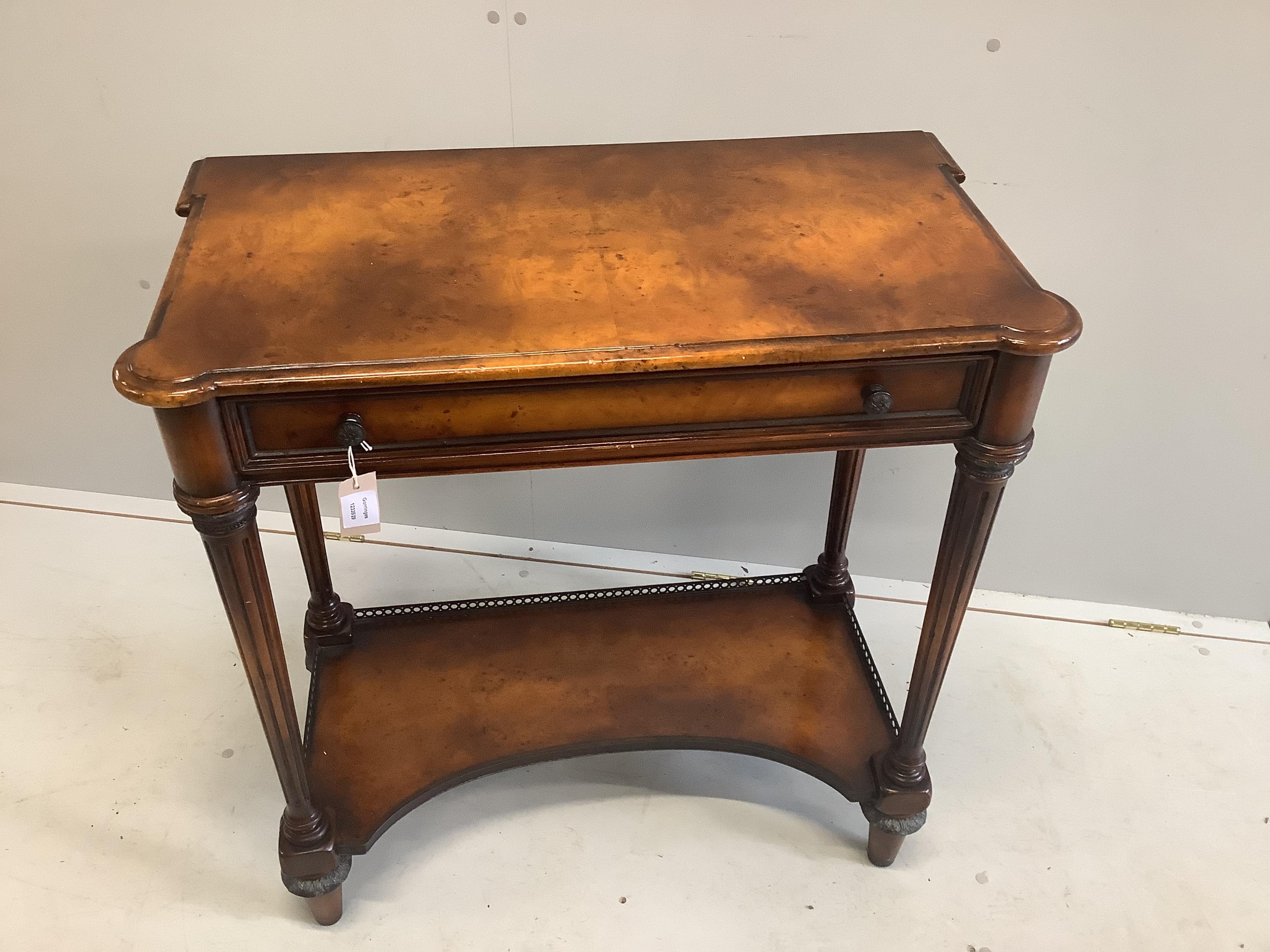 A Theodore Alexander bird's eye maple two tier side table, width 82cm, depth 43cm, height 83cm